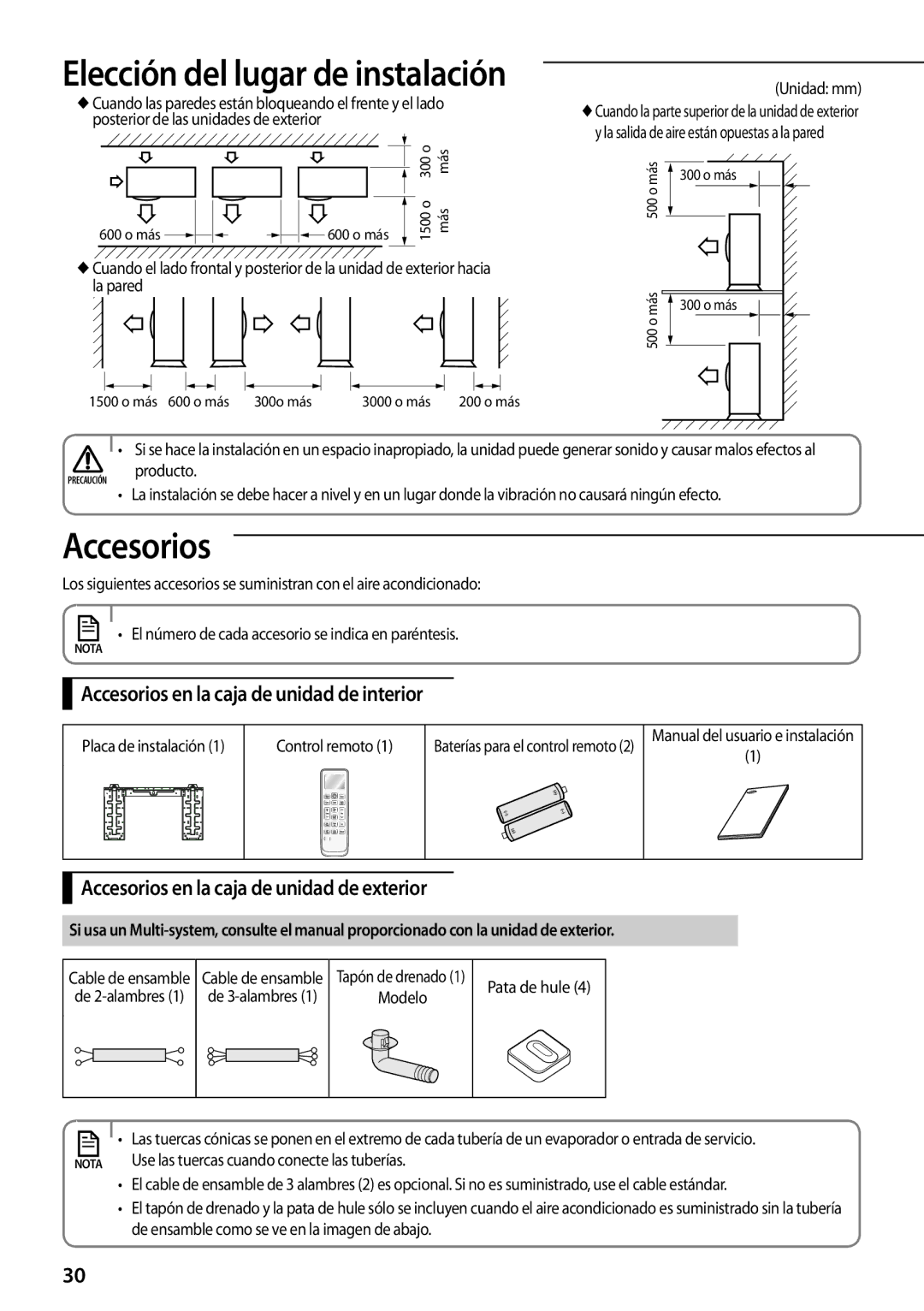 Samsung AR12FSFPDGMNET manual Accesorios en la caja de unidad de interior, Accesorios en la caja de unidad de exterior 