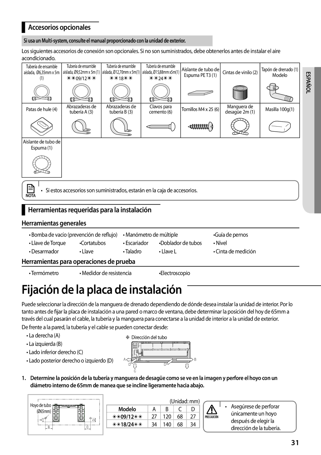 Samsung AR12FSFPKGMNET Fijación de la placa de instalación, Accesorios opcionales, Herramientas para operaciones de prueba 