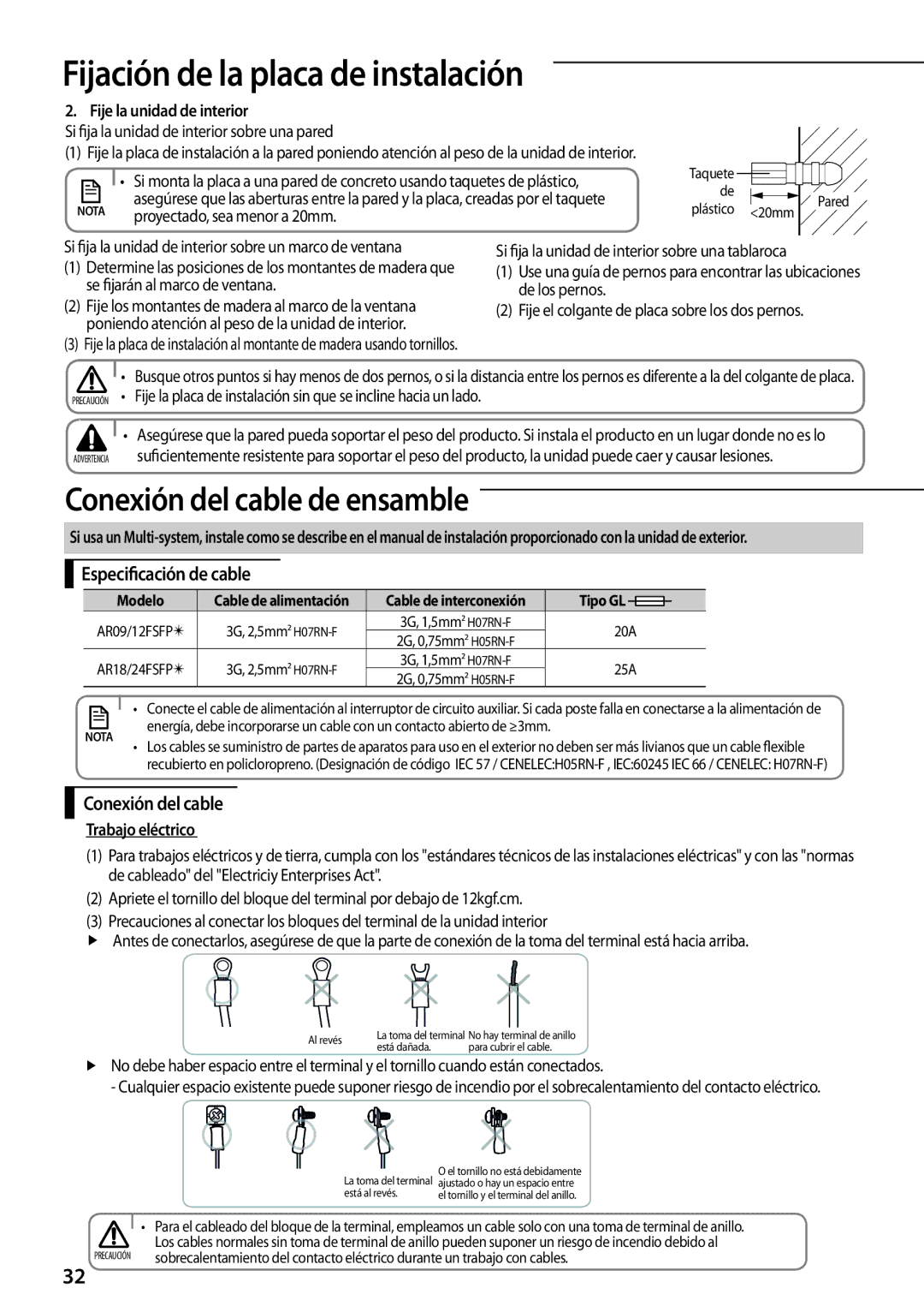 Samsung AR09FSFPKGMNET manual Fije la unidad de interior, Si fija la unidad de interior sobre una pared, Trabajo eléctrico 