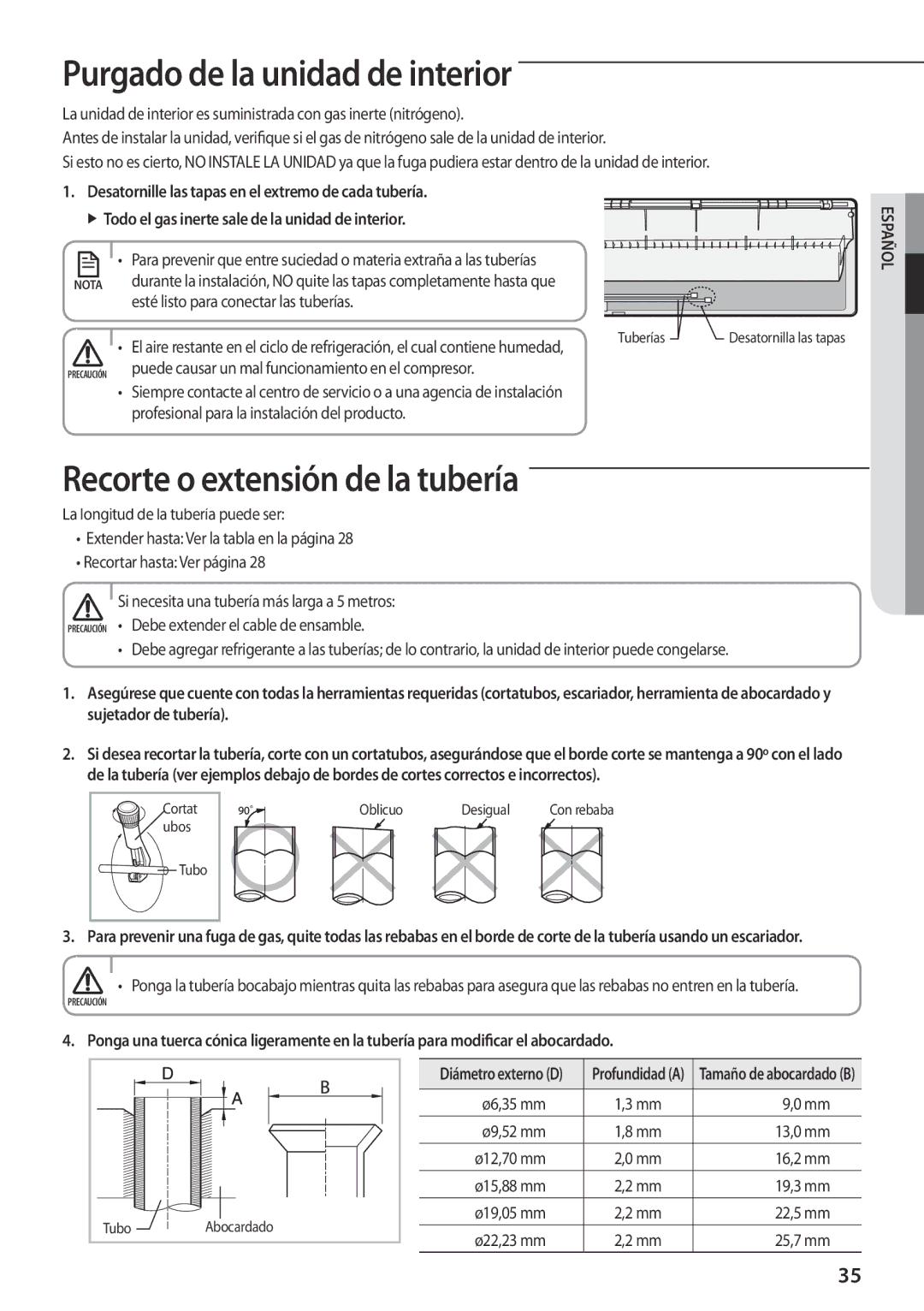 Samsung AR12FSFPDGMNET, AR12FSFPKGMNET, AR09FSFPKGMNET Purgado de la unidad de interior, Recorte o extensión de la tubería 