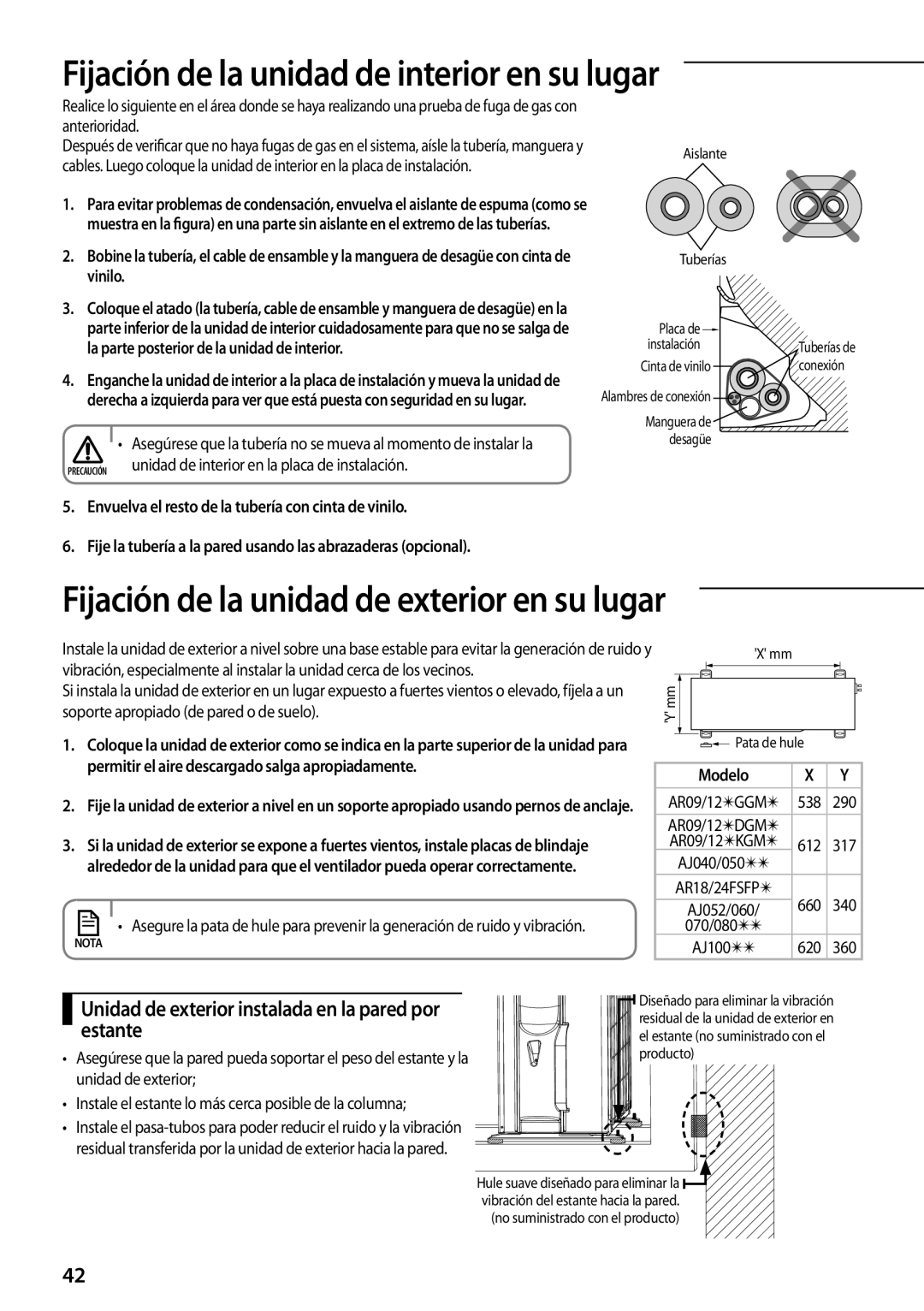 Samsung AR09FSFPKGMNET Fijación de la unidad de interior en su lugar, Unidad de exterior instalada en la pared por estante 