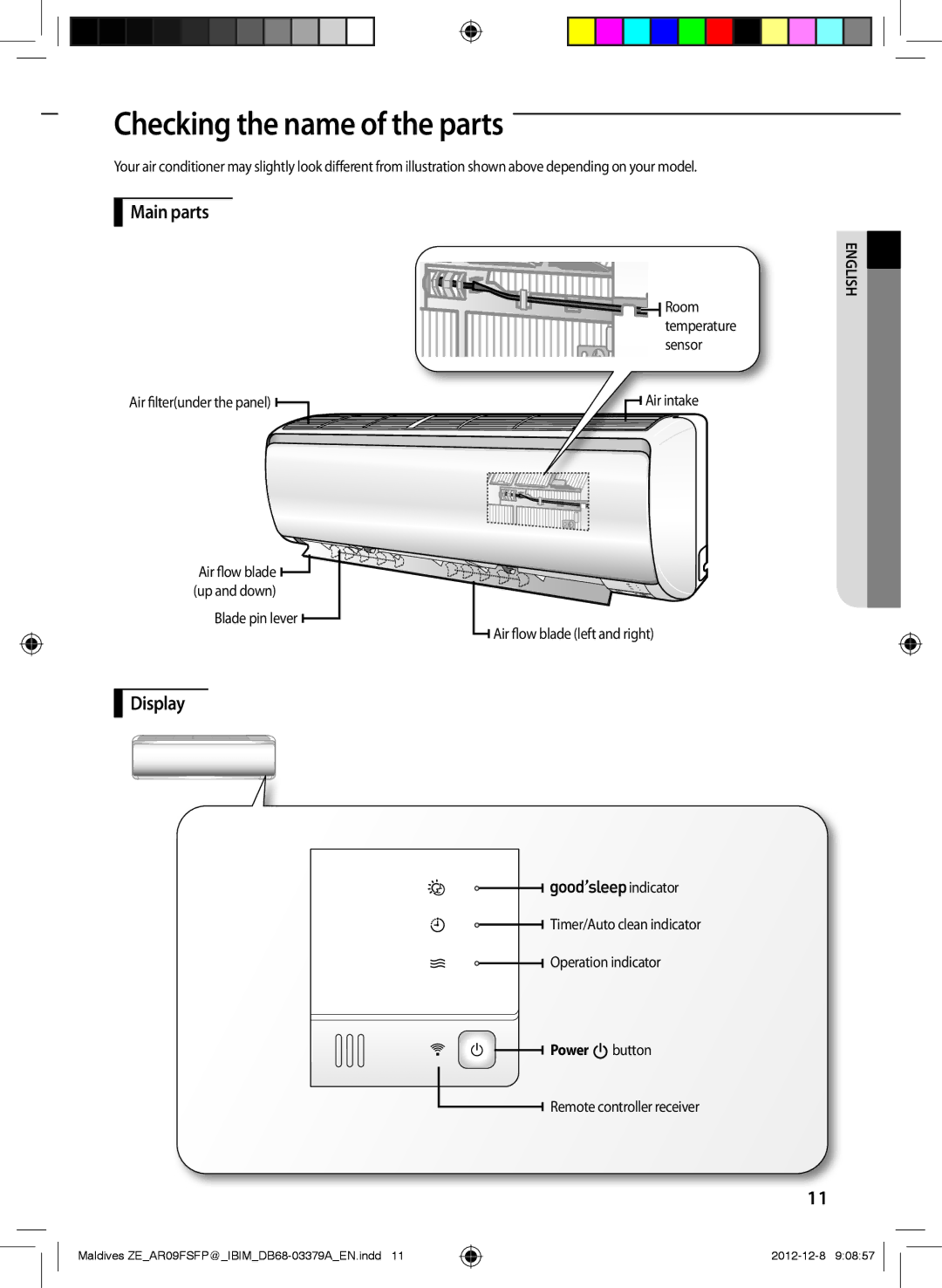 Samsung AR09FSFPKGMNZE, AR12FSFPKGMNET, AR09FSFPKGMNET Checking the name of the parts, Main parts, Display, Power button 