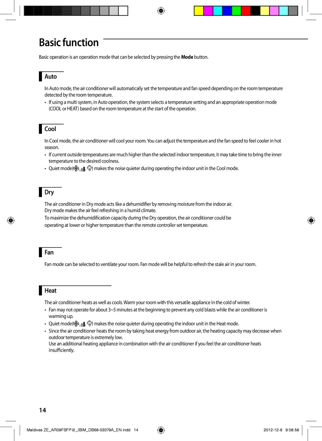 Samsung AR12FSFPKGMNZE, AR12FSFPKGMNET, AR09FSFPKGMNET, AR09FSFPKGMNZE manual Basic function 