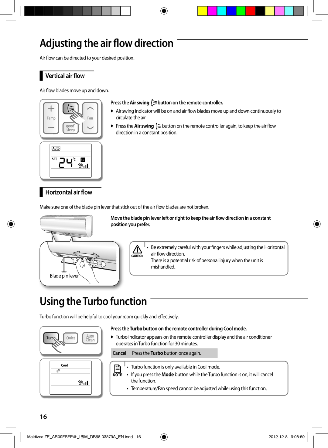 Samsung AR12FSFPKGMNET Adjusting the air flow direction, Using the Turbo function, Vertical air flow, Horizontal air flow 