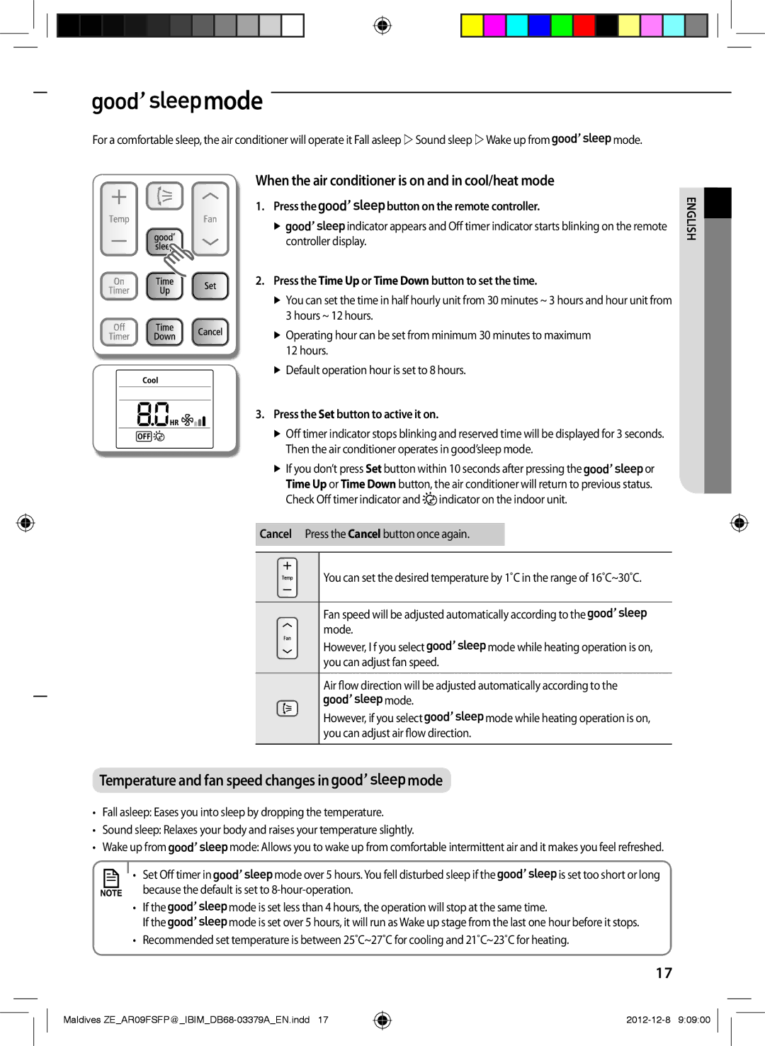 Samsung AR09FSFPKGMNET Mode, When the air conditioner is on and in cool/heat mode, Press the Set button to active it on 