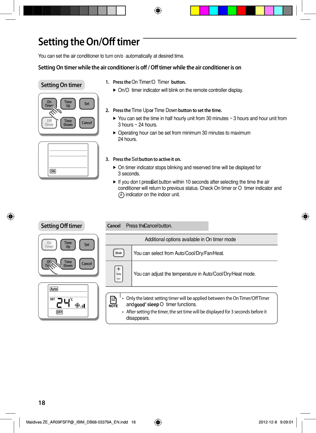 Samsung AR12FSFPKGMNZE manual Setting the On/Off timer, Press the On Timer/Off Timer button, Cancel Press the Cancel button 