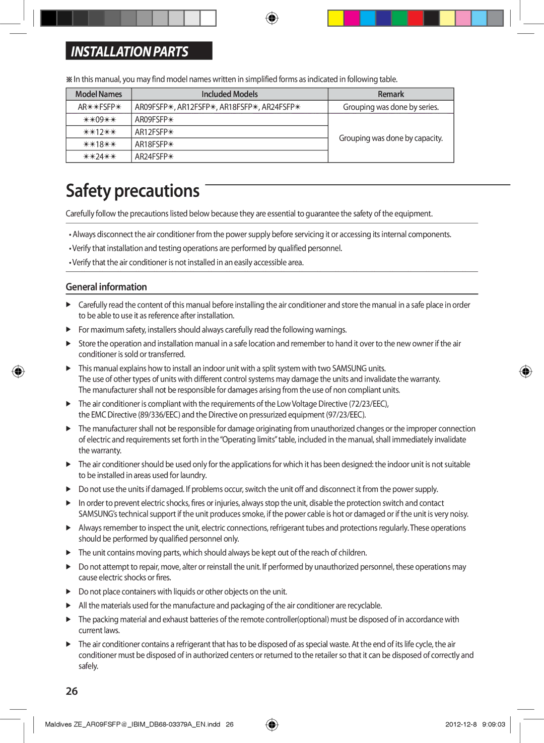 Samsung AR12FSFPKGMNZE, AR12FSFPKGMNET, AR09FSFPKGMNET, AR09FSFPKGMNZE manual General information, Included Models Remark 