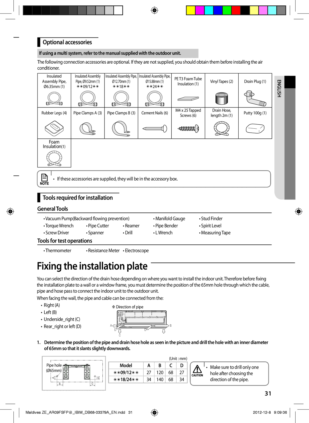 Samsung AR09FSFPKGMNZE Fixing the installation plate, Optional accessories, Tools required for installation General Tools 