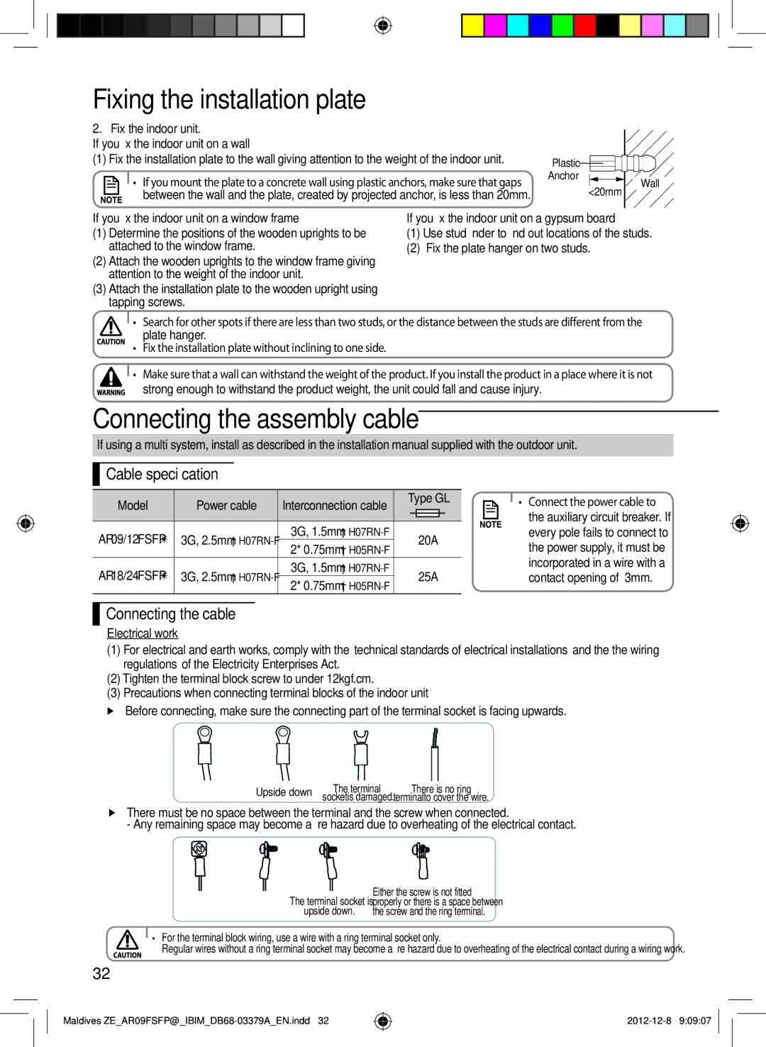 Samsung AR12FSFPKGMNET, AR09FSFPKGMNET manual Connecting the assembly cable, Cable specification, Connecting the cable 