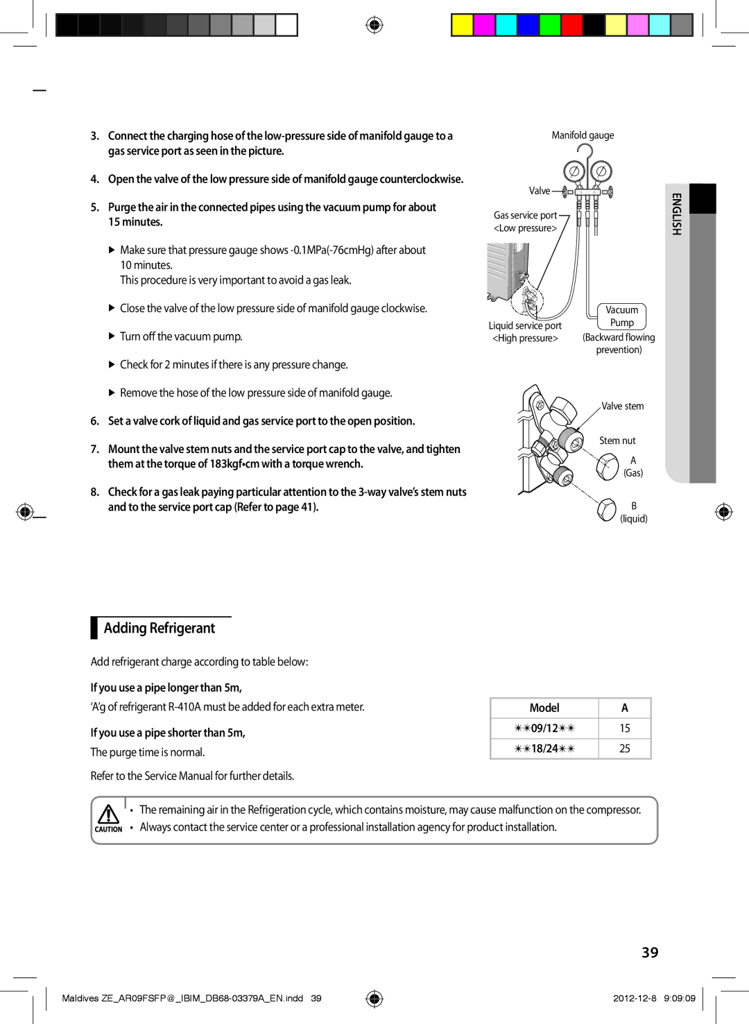 Samsung AR09FSFPKGMNZE Adding Refrigerant, If you use a pipe longer than 5m, If you use a pipe shorter than 5m, Model 