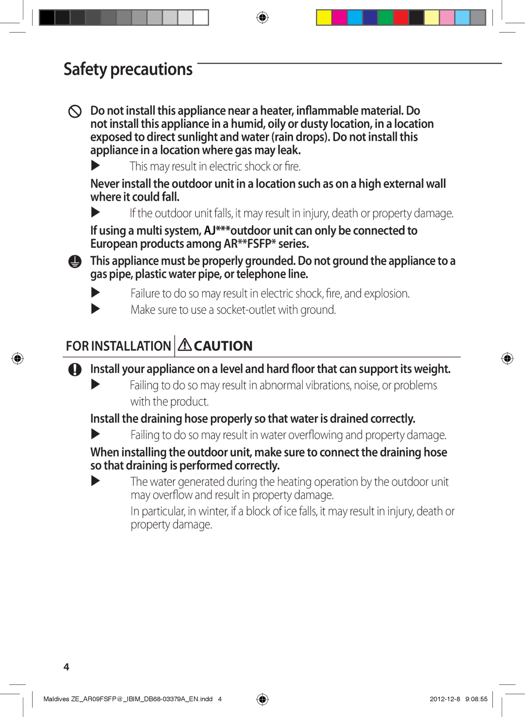 Samsung AR12FSFPKGMNET, AR09FSFPKGMNET, AR12FSFPKGMNZE, AR09FSFPKGMNZE manual For Installation Caution 