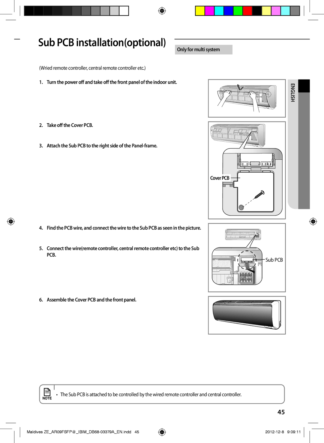 Samsung AR09FSFPKGMNET Sub PCB installationoptional, Only for multi system, Assemble the Cover PCB and the front panel 