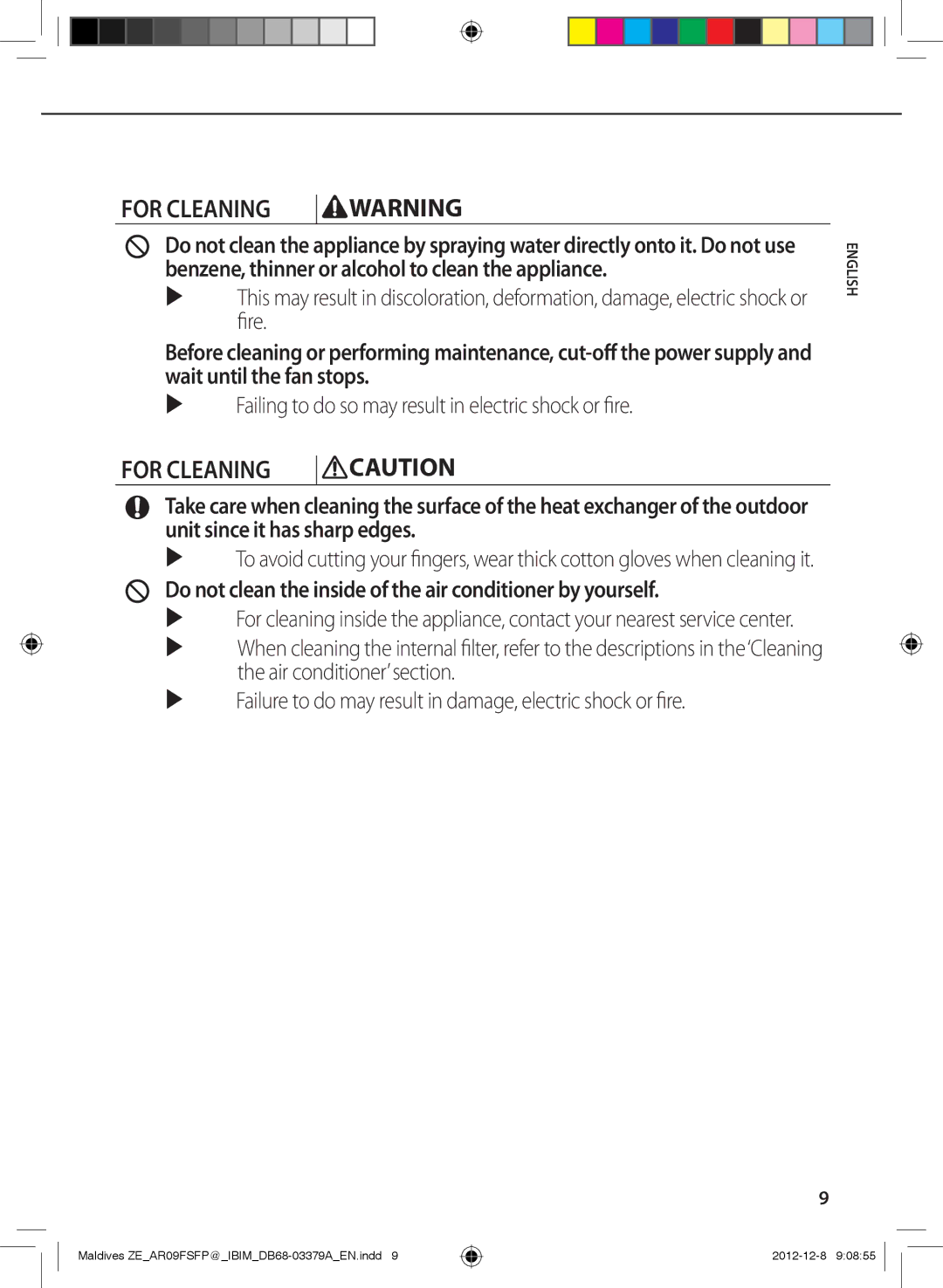 Samsung AR09FSFPKGMNET, AR12FSFPKGMNET manual For Cleaning, Do not clean the inside of the air conditioner by yourself 