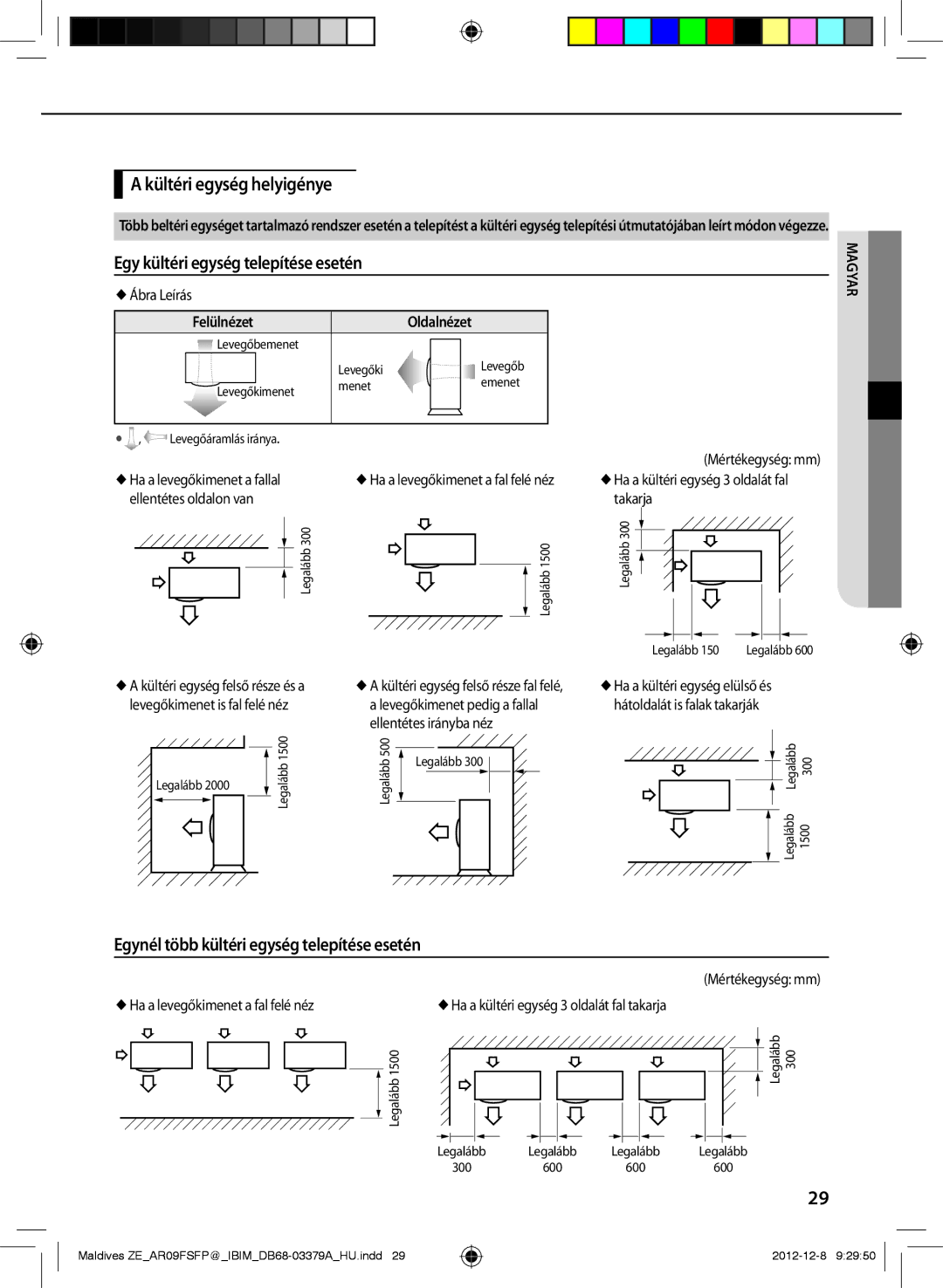 Samsung AR09FSFPKGMNET manual Kültéri egység helyigénye, Egy kültéri egység telepítése esetén, Felülnézet Oldalnézet 