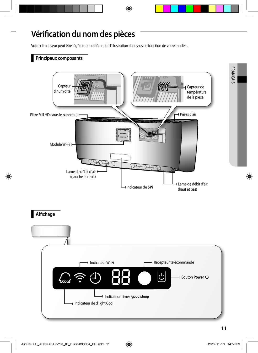 Samsung AR09FSSYAWTNEU, AR12FSSKABEXEU, AR09FSSYAWTXEU manual Vérication du nom des pièces, Principaux composants, Achage 