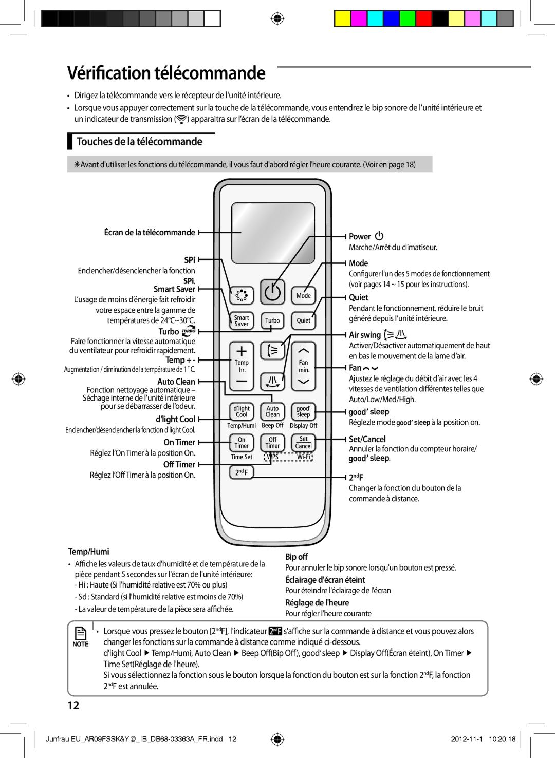 Samsung AR18FSSKABEXEU, AR12FSSKABEXEU, AR09FSSYAWTXEU, AR09FSSKABEXEU Vérification télécommande, Touches de la télécommande 