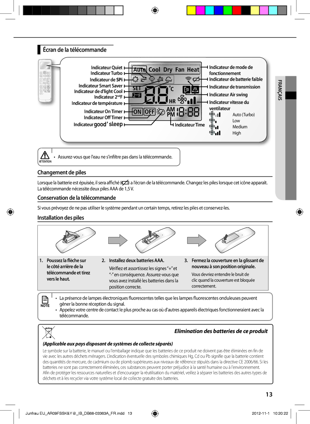 Samsung AR12FSSKABEXEU, AR09FSSYAWTXEU manual Écran de la télécommande, Changement de piles, Conservation de la télécommande 