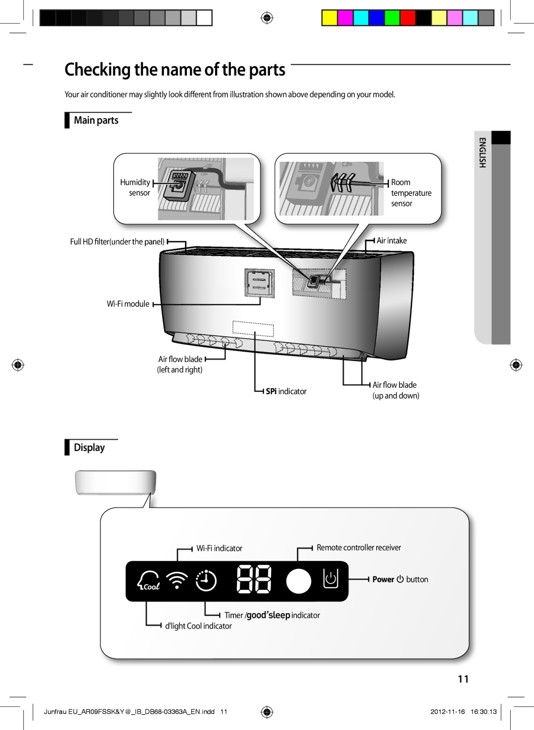 Samsung AR09FSSYAWTNEU, AR12FSSKABEXEU, AR09FSSYAWTXEU Checking the name of the parts, Main parts, Display, Power button 