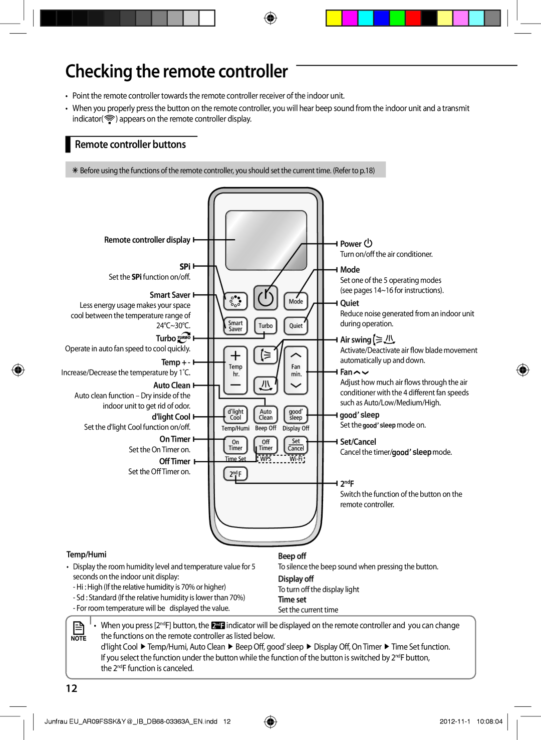 Samsung AR18FSSKABEXEU, AR12FSSKABEXEU, AR09FSSYAWTXEU manual Checking the remote controller, Remote controller buttons 