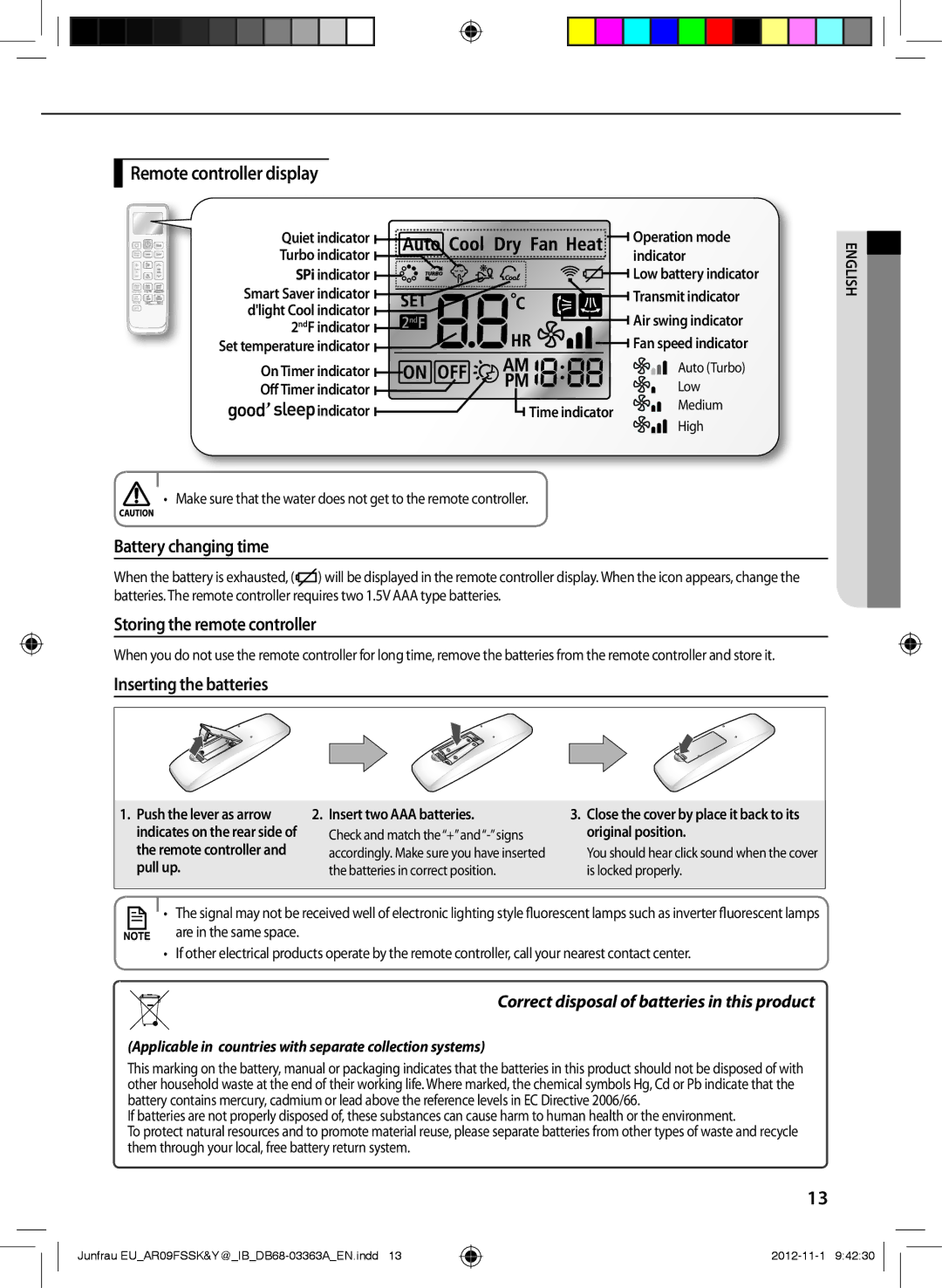 Samsung AR12FSSKABEXEU, AR09FSSYAWTXEU Remote controller display, Battery changing time, Storing the remote controller 