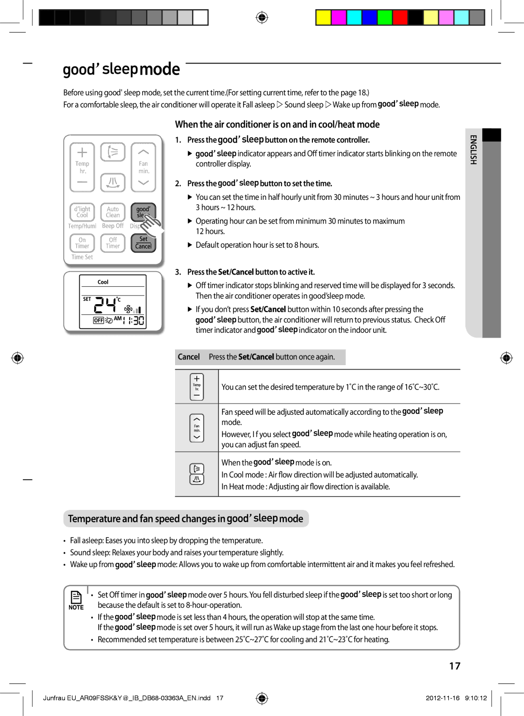 Samsung AR12FSSYAWTXEU manual Mode, When the air conditioner is on and in cool/heat mode, Press the button to set the time 