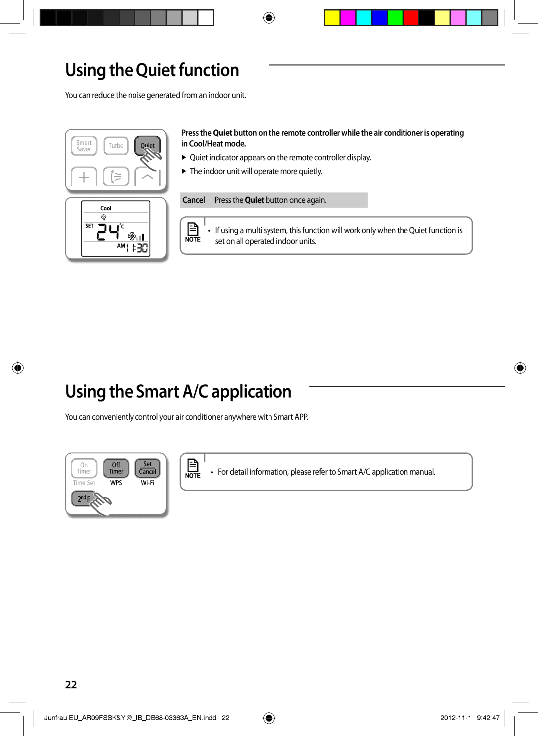 Samsung AR09FSSEDWUNEU, AR12FSSKABEXEU, AR09FSSYAWTXEU manual UsingAA the Quiet function, Using the Smart A/C application 