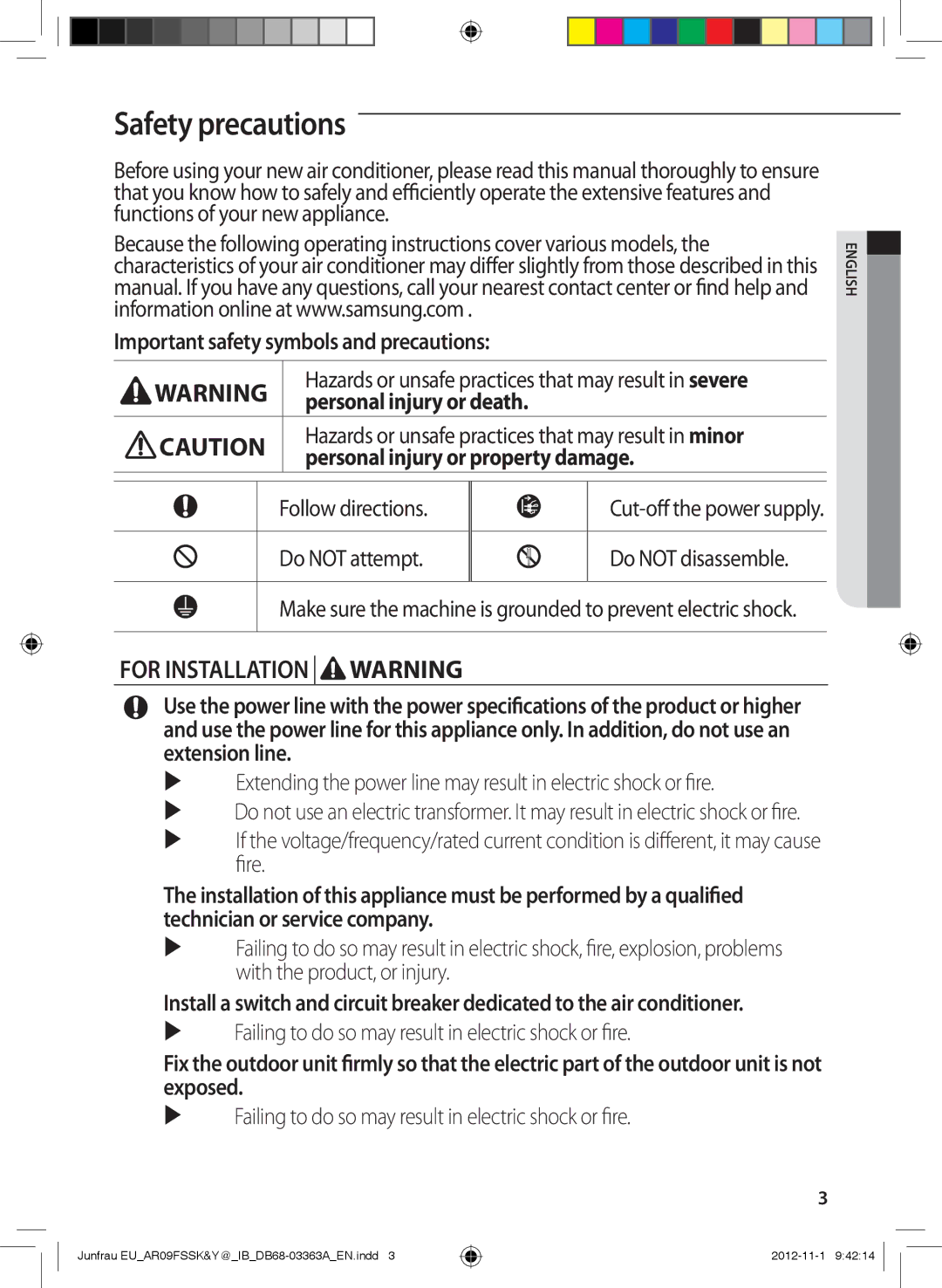 Samsung AR09FSSEDWUXEU manual Safety precautions, Important safety symbols and precautions, Personal injury or death 