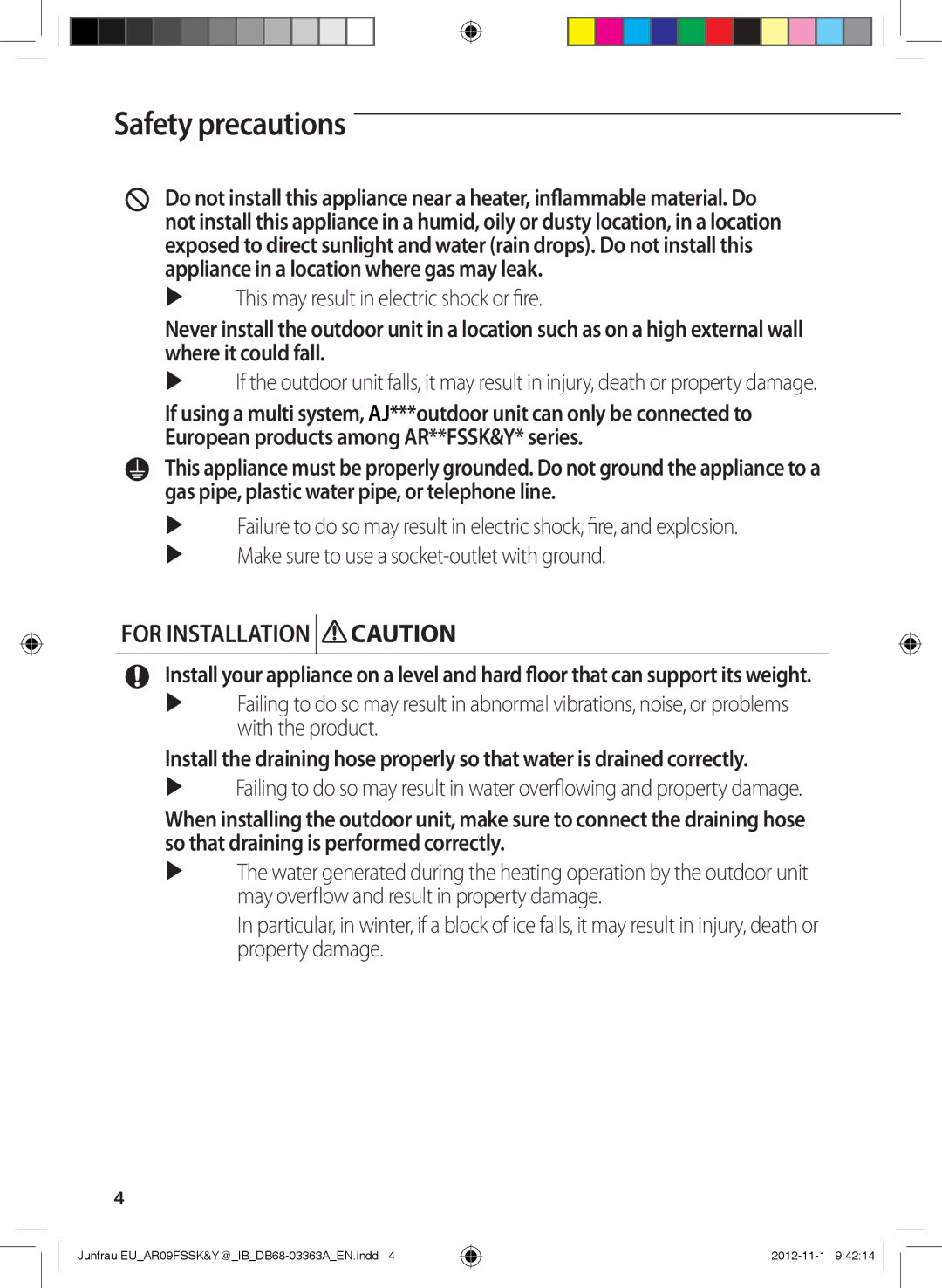 Samsung AR12FSSYAWTXEU, AR12FSSKABEXEU manual For Installation Caution,  This may result in electric shock or fire 