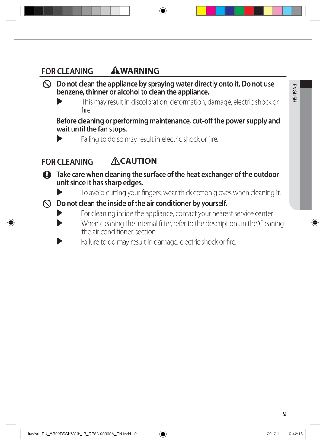 Samsung AR09FSSEDWUNEU, AR12FSSKABEXEU manual For Cleaning, Do not clean the inside of the air conditioner by yourself 