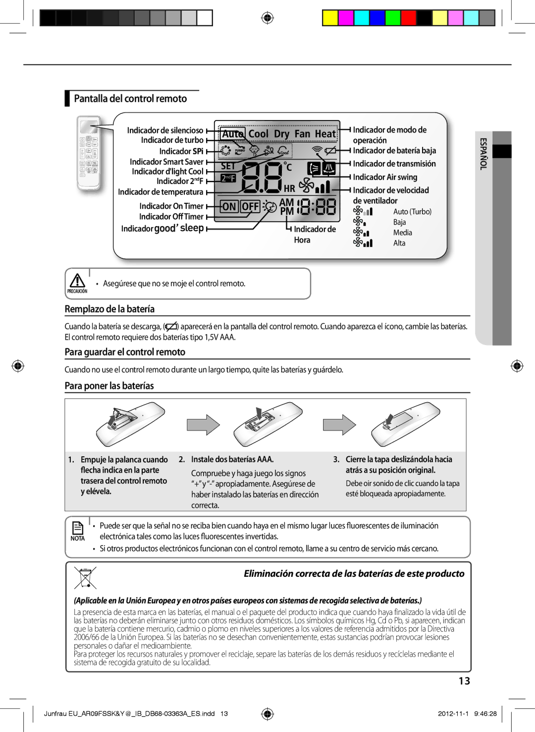 Samsung AR09FSSKABEXEU, AR12FSSKABEXEU Pantalla del control remoto, Remplazo de la batería, Para guardar el control remoto 