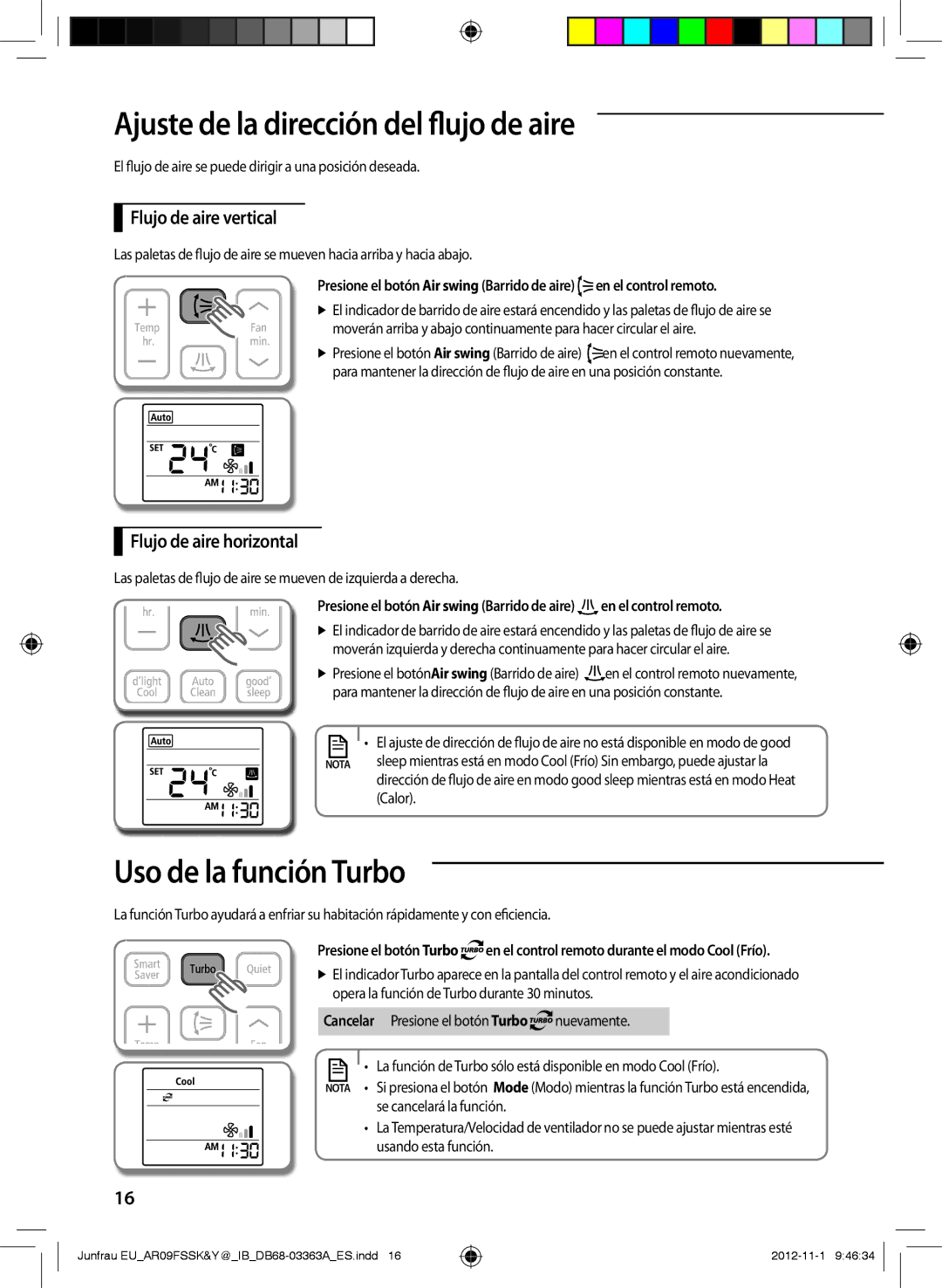 Samsung AR12FSSYAWTNEU manual Ajuste de la dirección del flujo de aire, Uso de la función Turbo, Flujo de aire vertical 