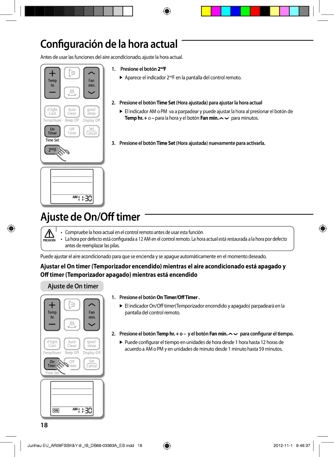 Samsung AR09FSSEDWUNEU, AR12FSSKABEXEU Configuración de la hora actual, Ajuste de On/Off timer, Presione el botón 2ndF 