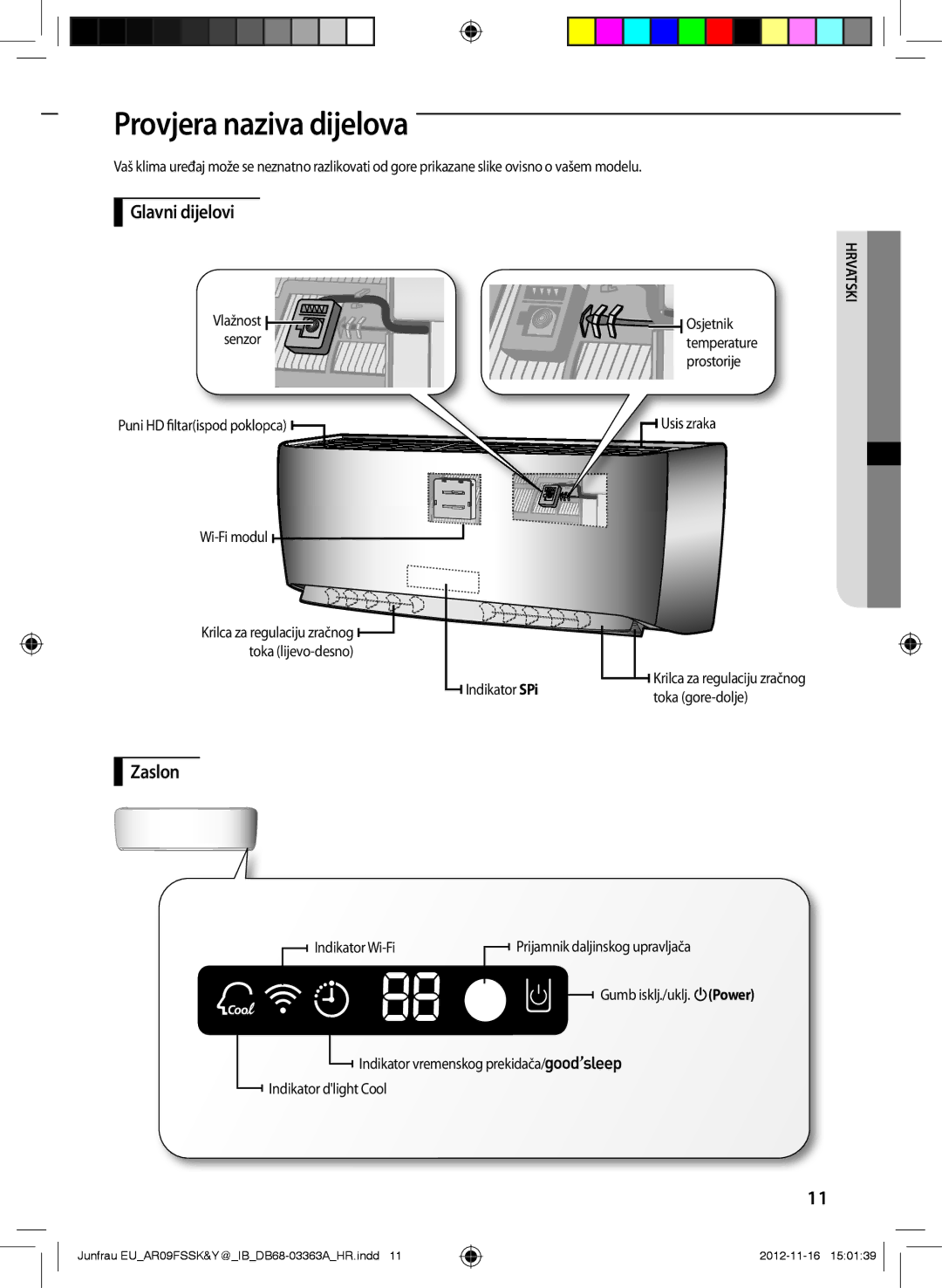 Samsung AR09FSSYAWTNEU, AR12FSSKABEXEU, AR09FSSYAWTXEU, AR09FSSKABEXEU, AR09FSSEDWUXEU manual Zaslon, Provjera naziva dijelova 