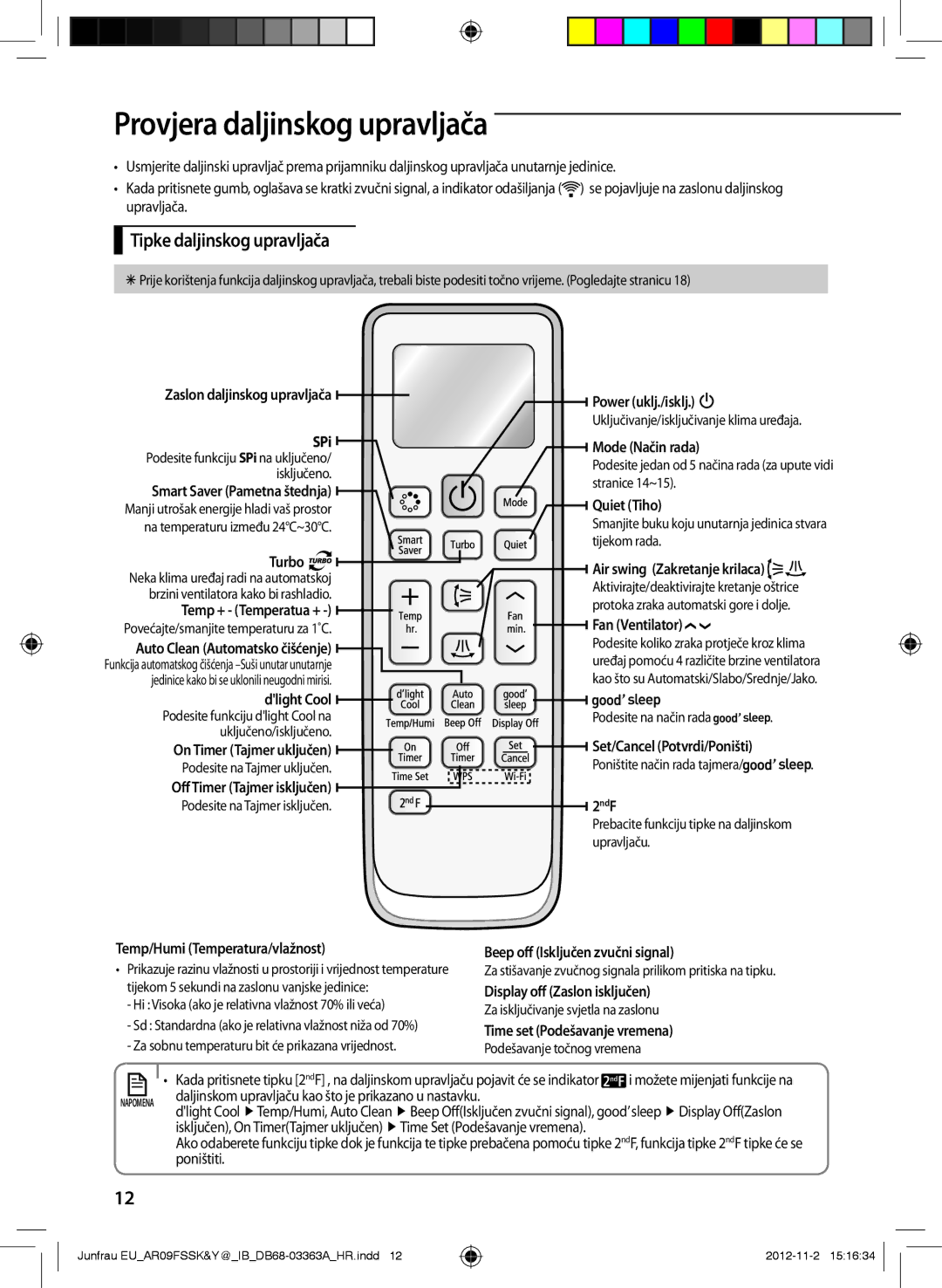 Samsung AR18FSSKABEXEU, AR12FSSKABEXEU, AR09FSSYAWTXEU manual Provjera daljinskog upravljača, Tipke daljinskog upravljača 