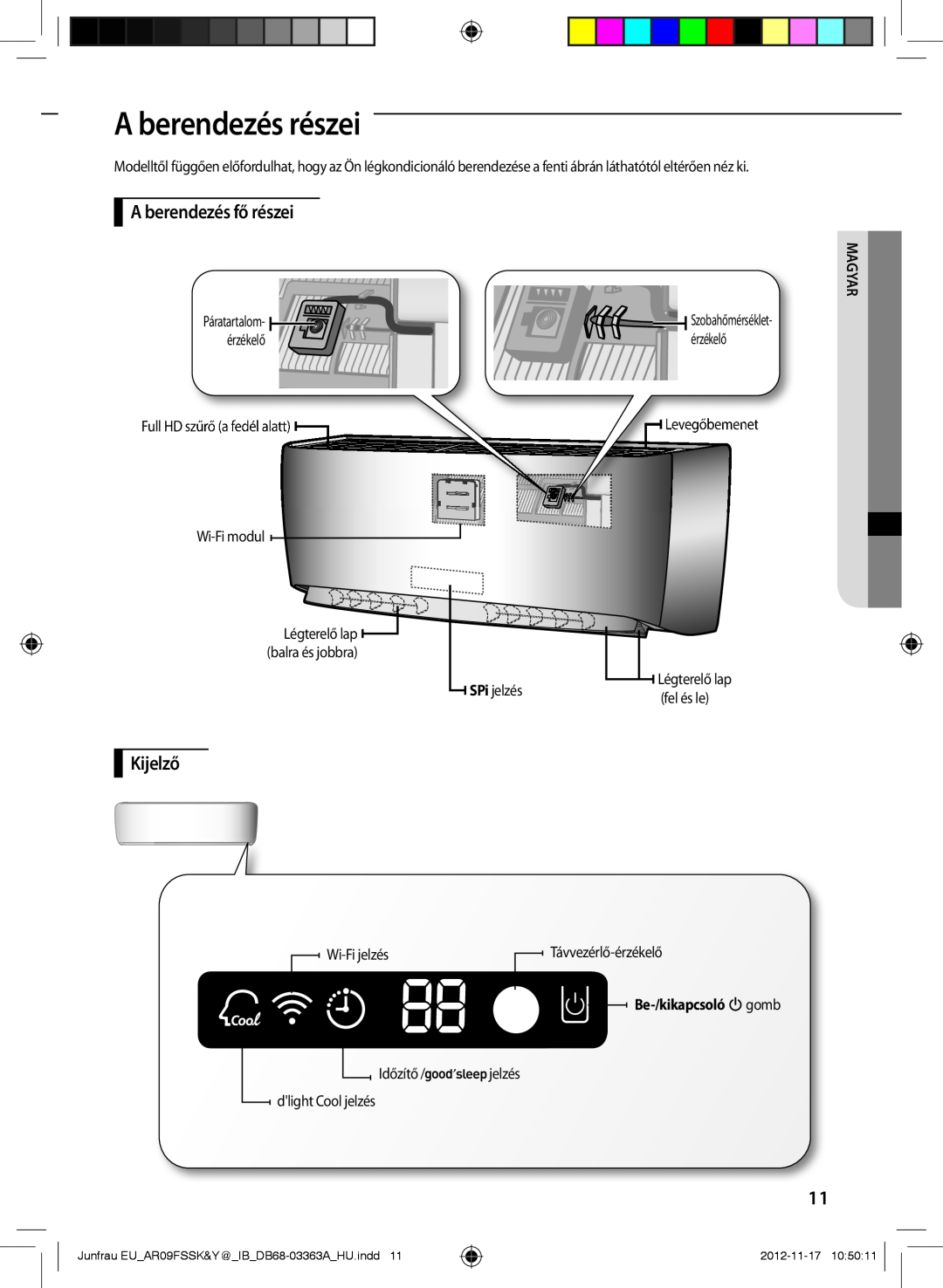 Samsung AR09FSSYAWTNEU manual A berendezés részei, A berendezés fő részei, Kijelző, Be-/kikapcsoló gomb, Magyar, 2012-11-17 