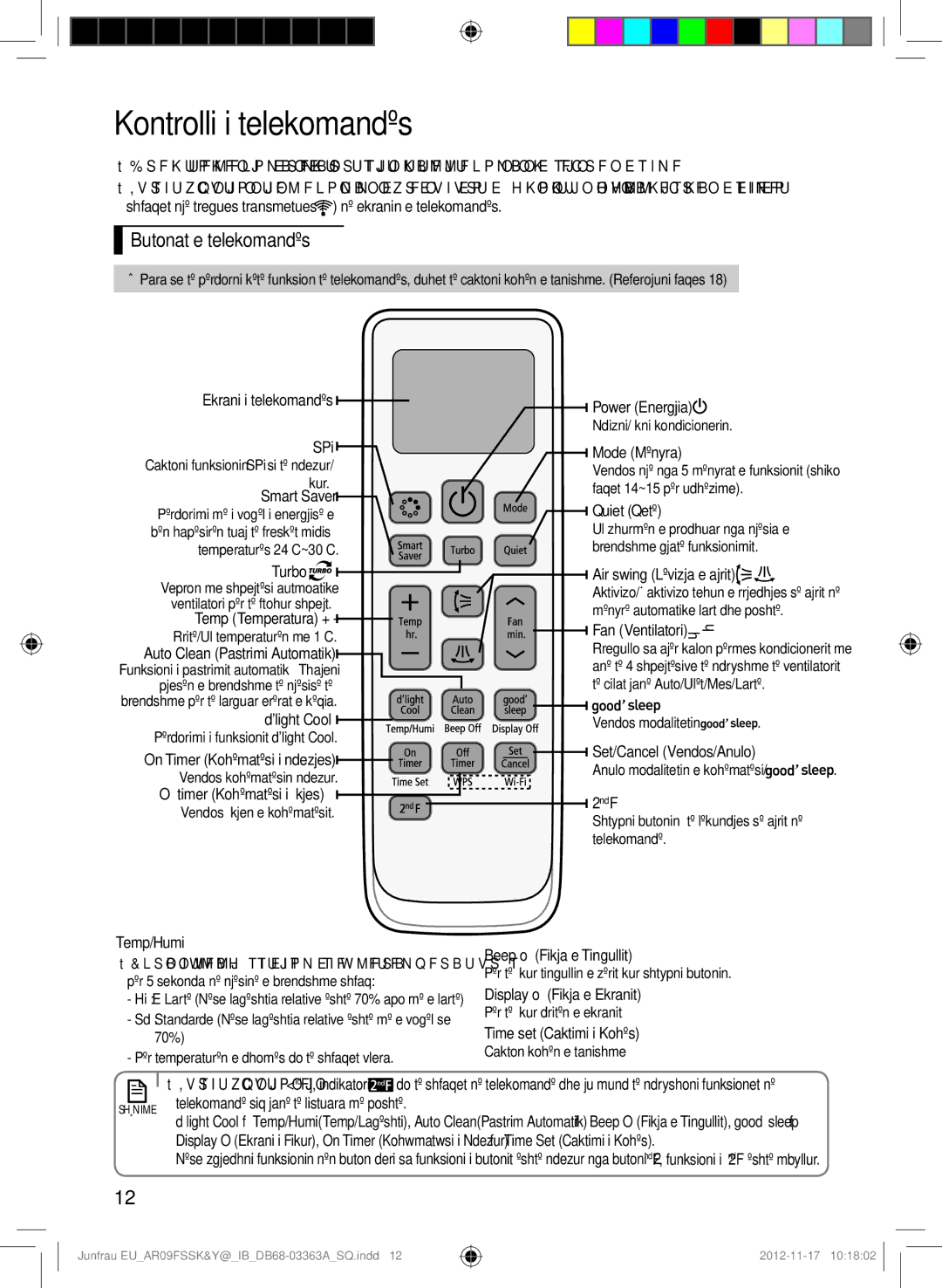 Samsung AR09FSSEDWUNEU, AR12FSSKABEXEU, AR12FSSYAWTXEU, AR12FSSYAWTNEU manual Kontrolli i telekomandës, Butonat e telekomandës 