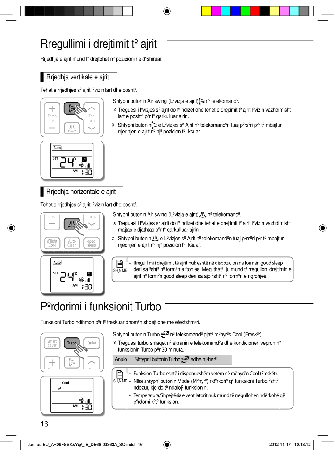 Samsung AR12FSSYAWTNEU manual Rregullimi i drejtimit të ajrit, Përdorimi i funksionit Turbo, Rrjedhja vertikale e ajrit 