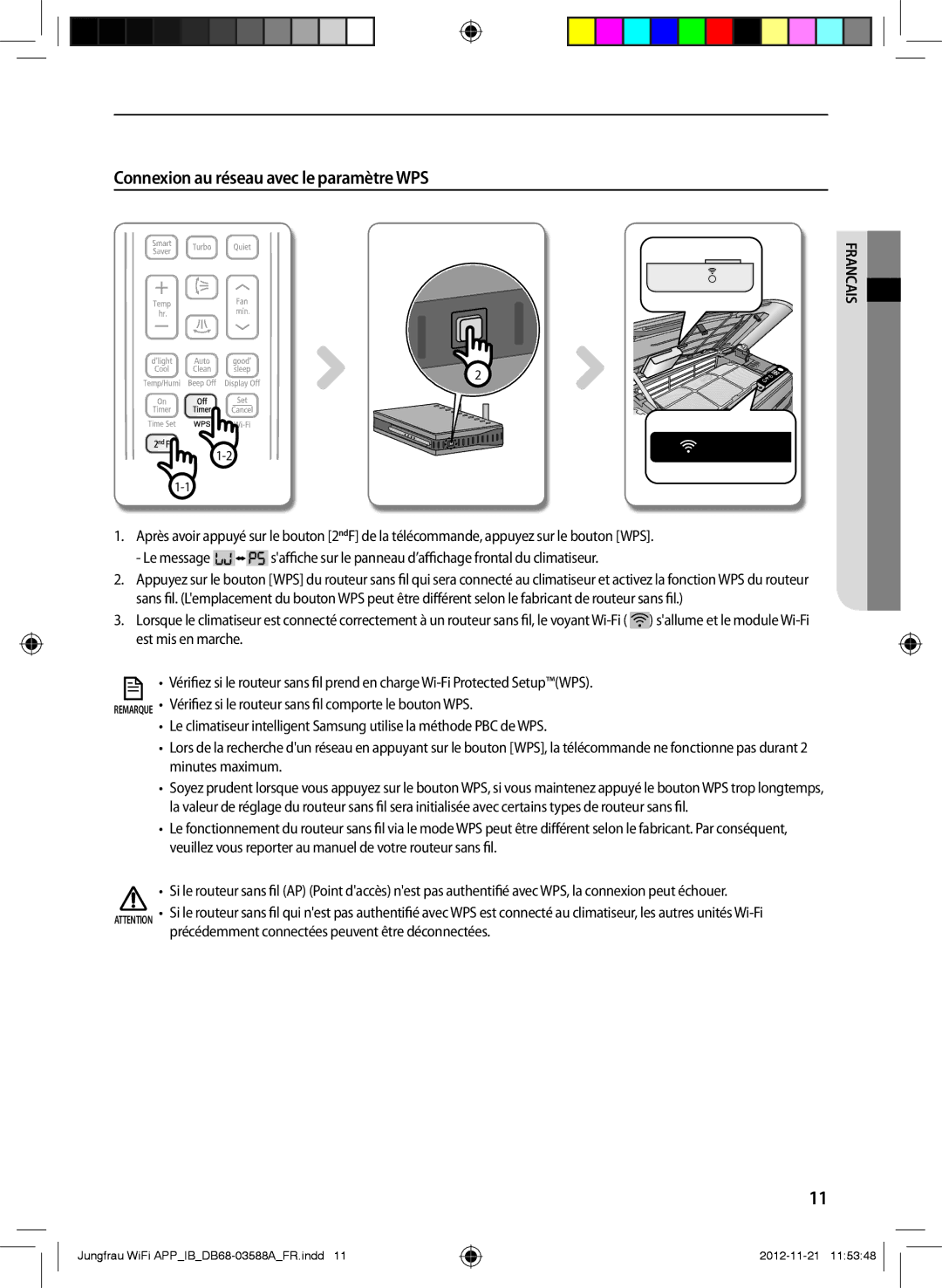 Samsung AR09FSSYAWTNEU, AR12FSSYAWTNEU, AR18FSSKABENEU, AR18FSSYAWTNEU manual Connexion au réseau avec le paramètre WPS 