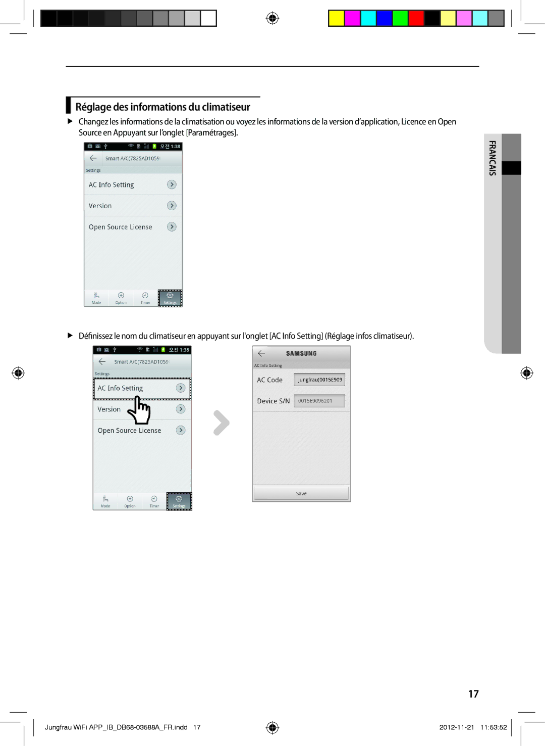 Samsung AR09FSSYAWTNEU, AR12FSSYAWTNEU, AR18FSSKABENEU, AR18FSSYAWTNEU manual Réglage des informations du climatiseur 