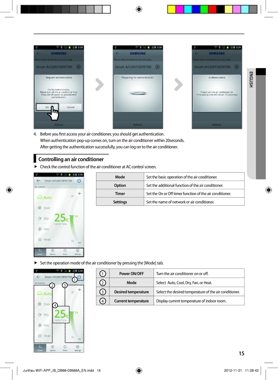 Samsung AR09FSSKABENEU, AR12FSSYAWTNEU Controlling an air conditioner, Mode Set the basic operation of the air conditioner 