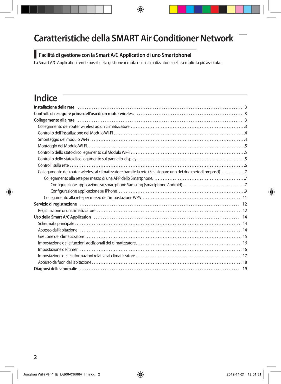 Samsung AR18FSSYAWTNEU, AR12FSSYAWTNEU, AR18FSSKABENEU manual Indice, Caratteristiche della Smart Air Conditioner Network 