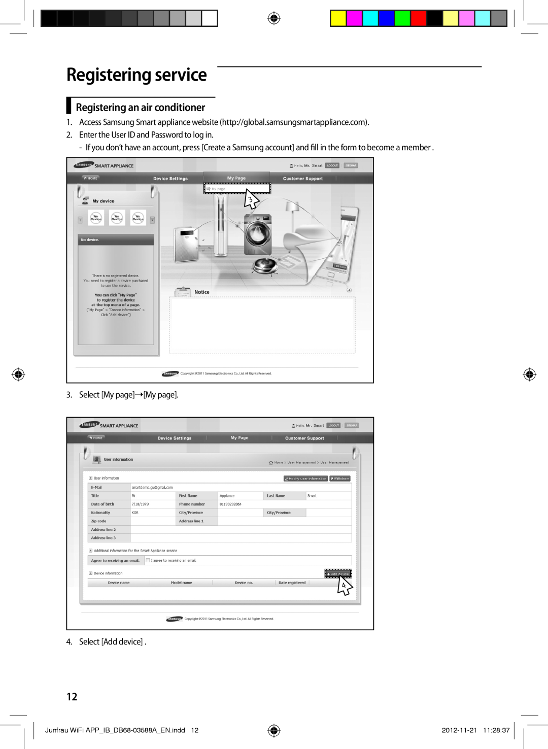 Samsung AR12FSSYAWTNEU manual Registering service, Registering an air conditioner, Junfrau WiFi APPIBDB68-03588AEN.indd 