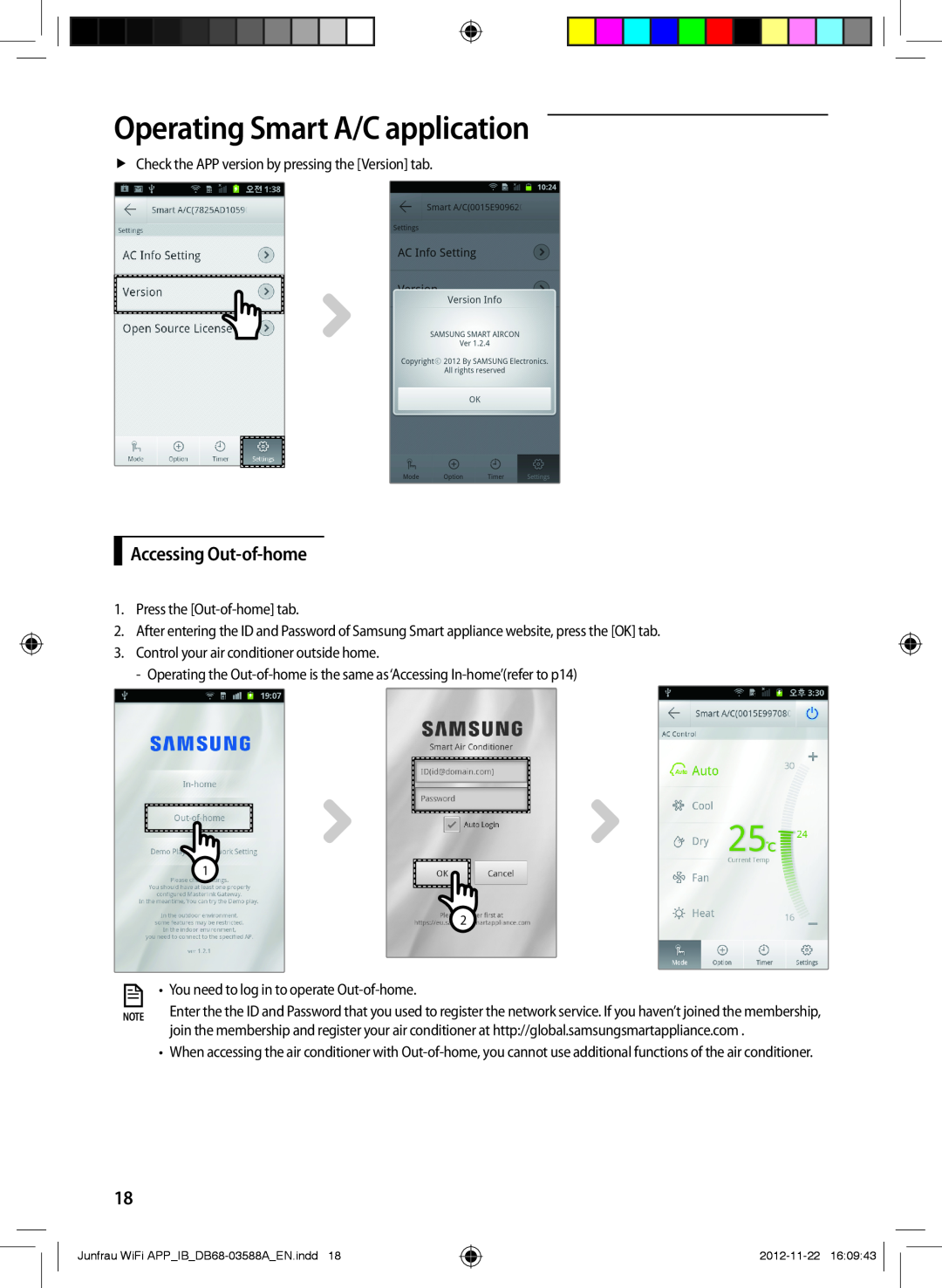 Samsung AR12FSSYAWTNEU, AR18FSSKABENEU, AR18FSSYAWTNEU manual Accessing Out-of-home, Operating Smart A/C application 