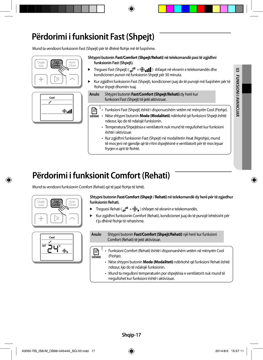 Samsung AR18HQFSBWKNRB manual Përdorimi i funksionit Fast Shpejt, Përdorimi i funksionit Comfort Rehati, Shqip-17, Anulo 