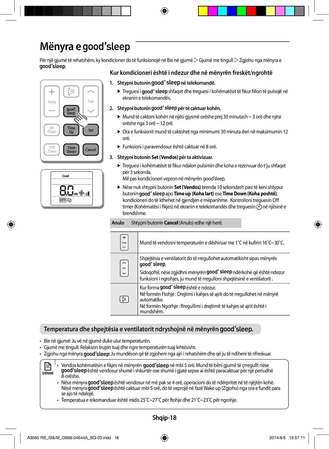 Samsung AR12HQFSBWKNRB, AR09HQFSBWKNRB, AR18HQFSBWKNRB manual Mënyra e, Shqip-18 