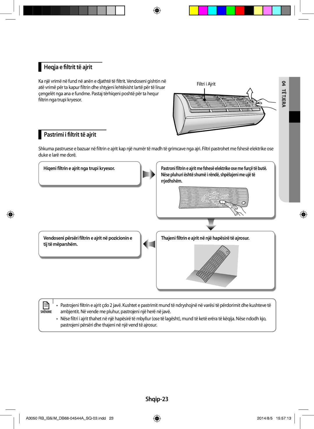 Samsung AR18HQFSBWKNRB, AR12HQFSBWKNRB manual Heqja e filtrit të ajrit, Pastrimi i filtrit të ajrit, Shqip-23, Rrjedhshëm 