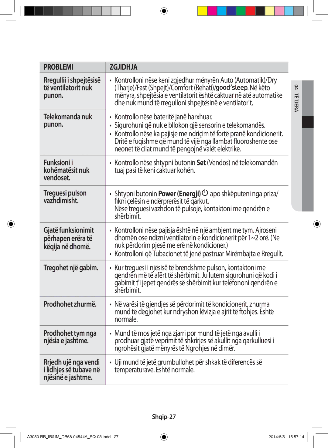 Samsung AR12HQFSBWKNRB manual Tuaj pasi të keni caktuar kohën, Fikni çelësin e ndërprerësit të qarkut, Shërbimit, Normale 