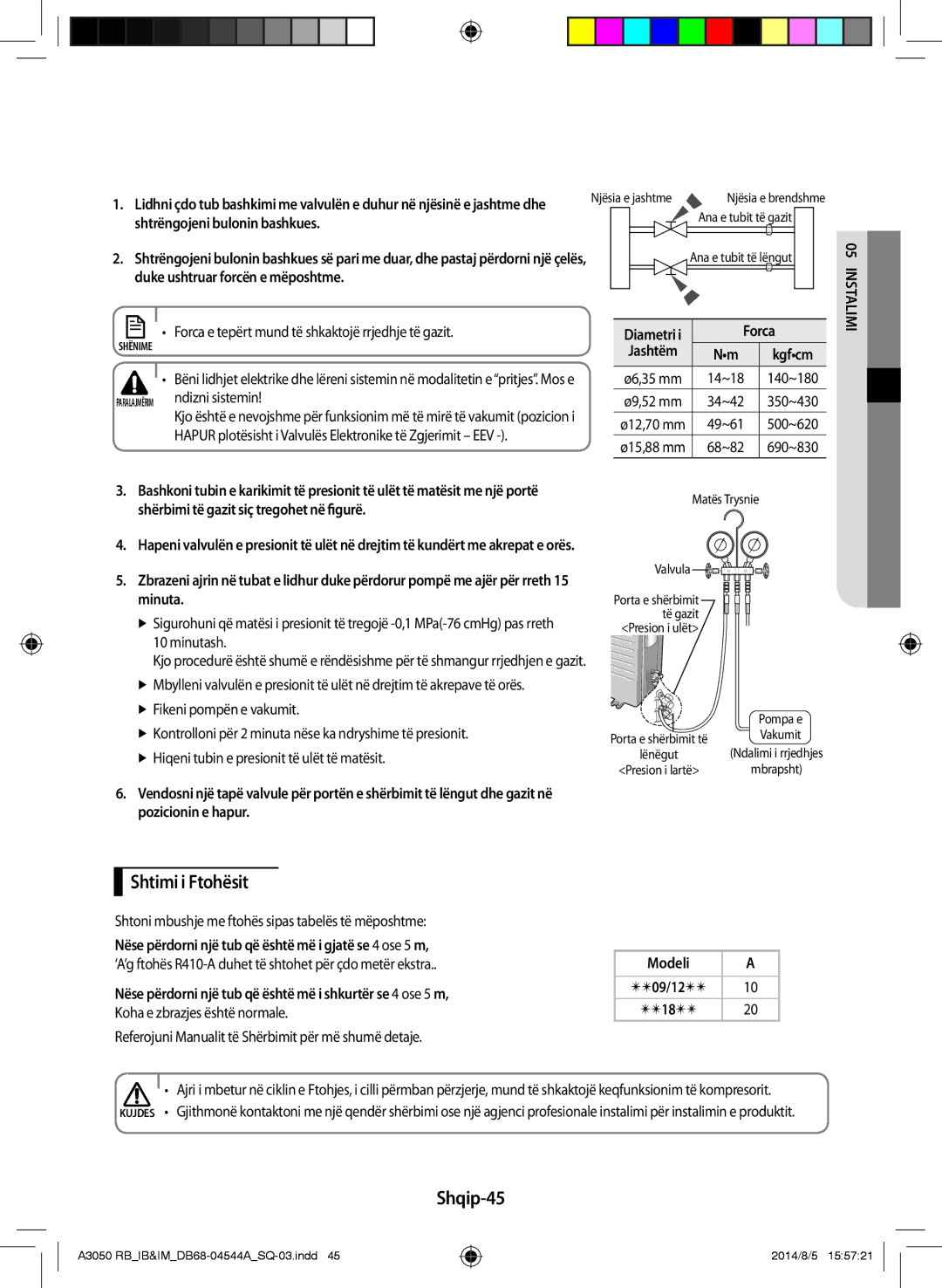 Samsung AR12HQFSBWKNRB manual Shtimi i Ftohësit, Shqip-45, Shtrëngojeni bulonin bashkues, Duke ushtruar forcën e mëposhtme 