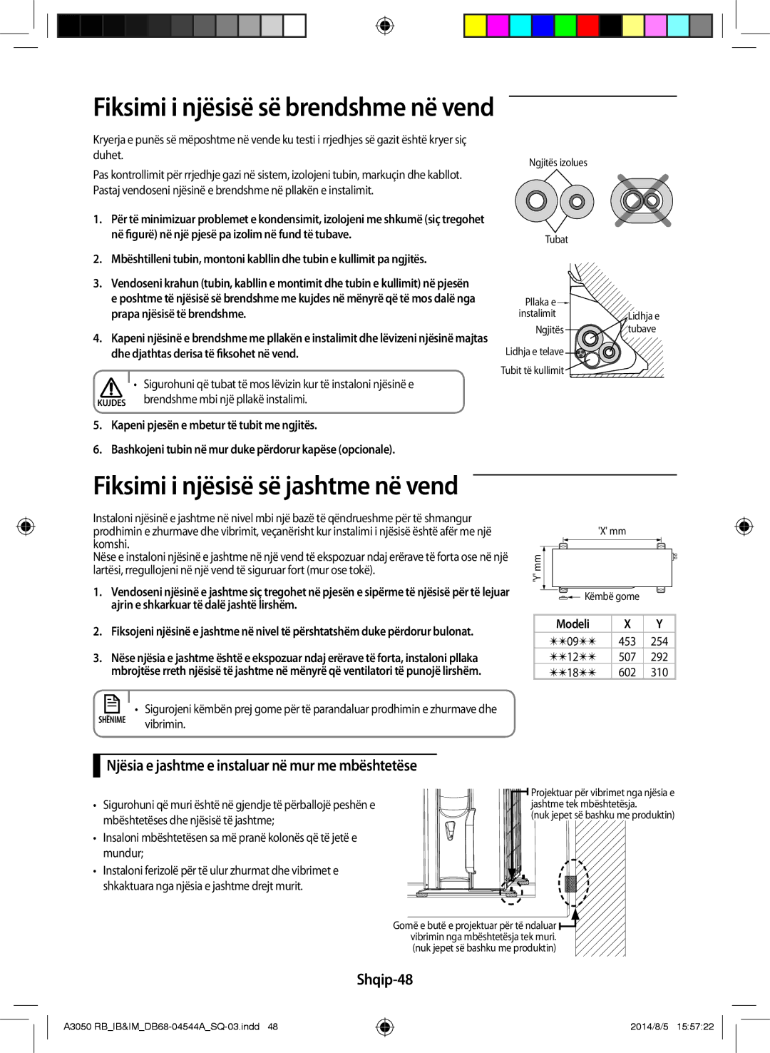 Samsung AR12HQFSBWKNRB manual Fiksimi i njësisë së brendshme në vend, Njësia e jashtme e instaluar në mur me mbështetëse 