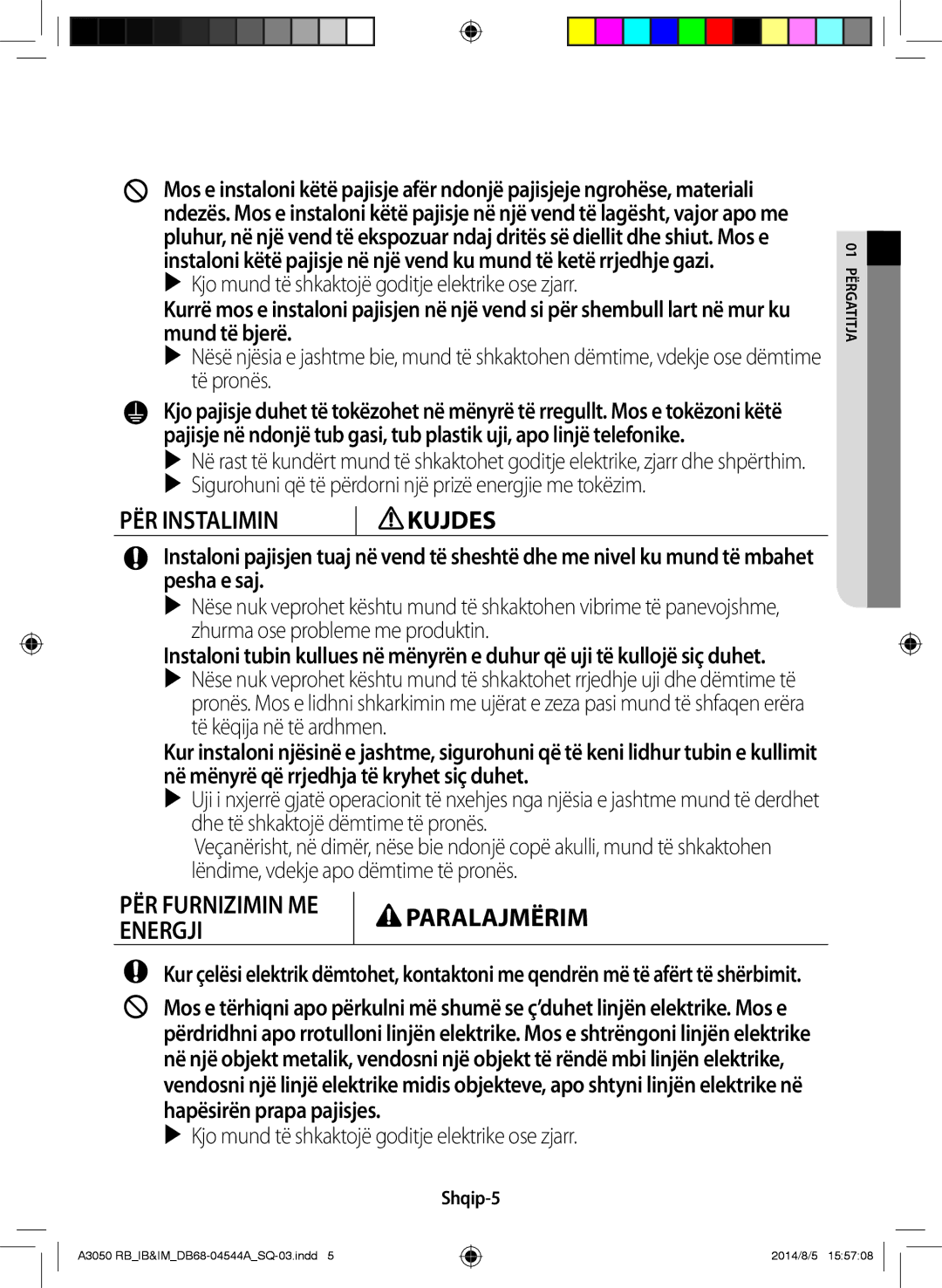 Samsung AR18HQFSBWKNRB, AR12HQFSBWKNRB, AR09HQFSBWKNRB manual  Kjo mund të shkaktojë goditje elektrike ose zjarr, Shqip-5 